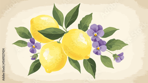 Vibrant Lemons and Pansies: A Summertime Still Life Illustration