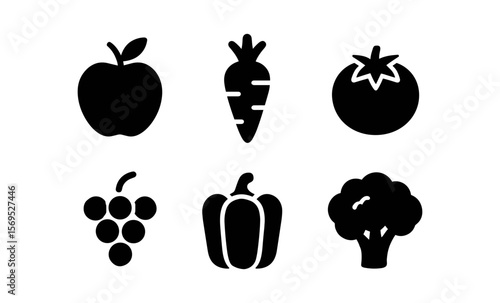 Minimalist black icons of fruits and vegetables including apple and carrot