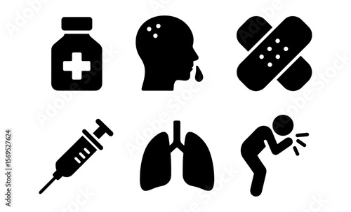 Medical icons set: medicine bottle, headache, bandaid, syringe, lungs, coughing person