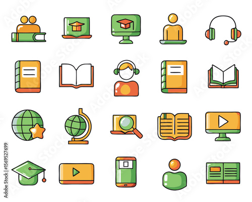 Comprehensive collection of diverse educational symbols and graphics featuring learning tools academic subjects and school related concepts in a vibrant color palette