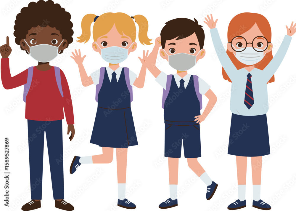 Children Wearing Sanitary Masks, Embracing the New Normal in a Colorful Classroom, Playful Watercolor Style, Creative Supplies Background, Education Focused - back to school Children Wearing Sanitary Masks, Embracing the New Normal in a Colorful Classroom, Playful Watercolor Style, Creative Supplies Background, Education Focused - back to school