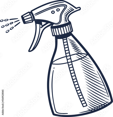 Dark blue spray bottle spraying liquid cleaning