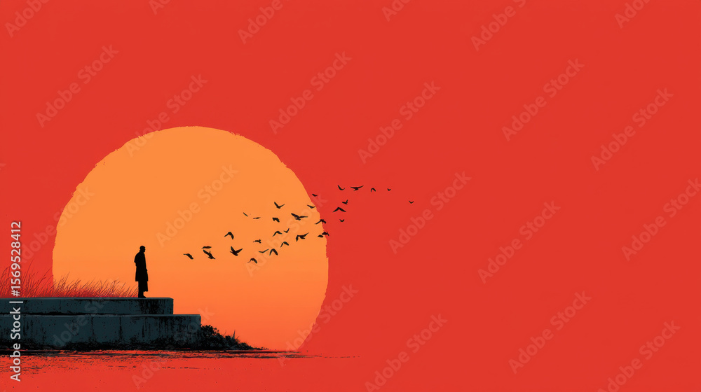 Obraz premium Silhouette of Person Watching Birds Fly at Sunset, Minimalist Red and Orange Landscape