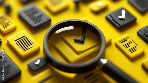 Documents and Magnifying Glass in Yellow and Black Emphasizing Rules Regulations Policies and Ethical Compliance with Checkmarks in 3D Render