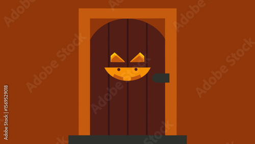 Close up on a spooky weathered wooden door with intricate carvings and an old handle