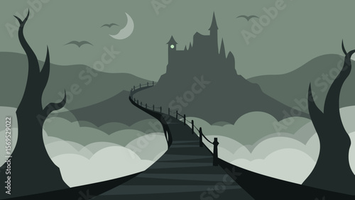 Eerie path leading to a spooky rickety bridge over a dark mysterious chasm