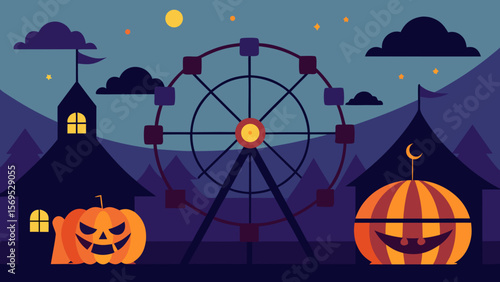 Spooky carnival at night featuring a haunted ferris wheel and eerie attractions