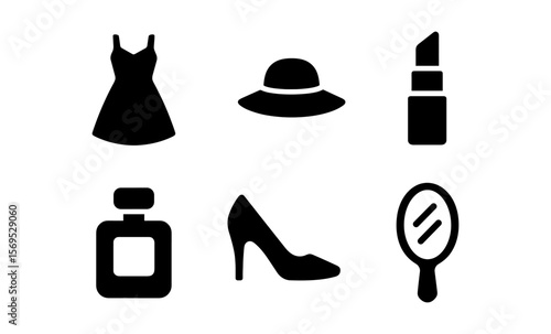 Fashion and beauty icons collection: dress, hat, lipstick, perfume, shoe, and mirror
