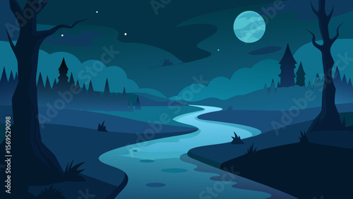 Tranquil yet eerie moonlit river scene featuring a mysterious boat drifting silently