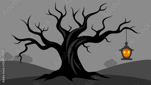 Gnarled ancient tree with a jack o lantern hanging from its spooky branch