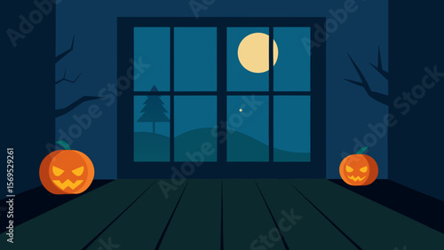 Empty room with a wooden floor and a large window showing a spooky night