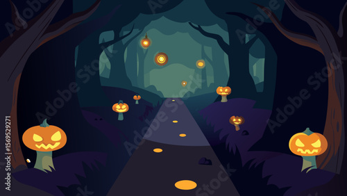 Spooky forest path lined with glowing mushrooms and mysterious light at night