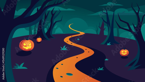 Winding path through a spooky forest leading to a mysterious glowing light