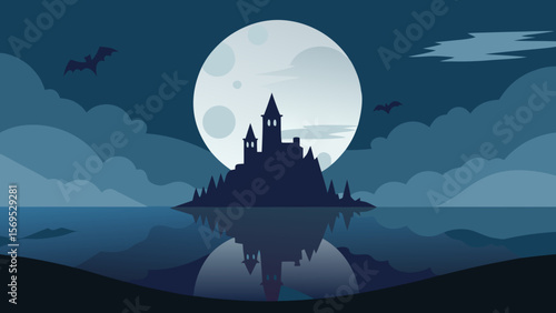 Full moon over a misty lake with the silhouette of a spooky haunted house