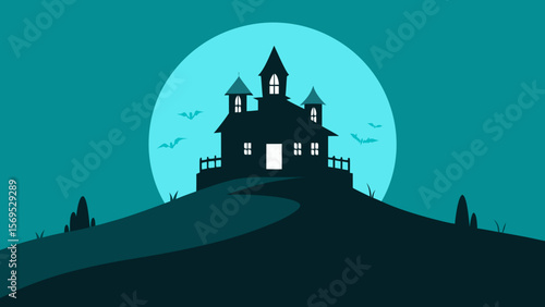 Haunted house on a hill with a graveyard in the foreground under dark sky