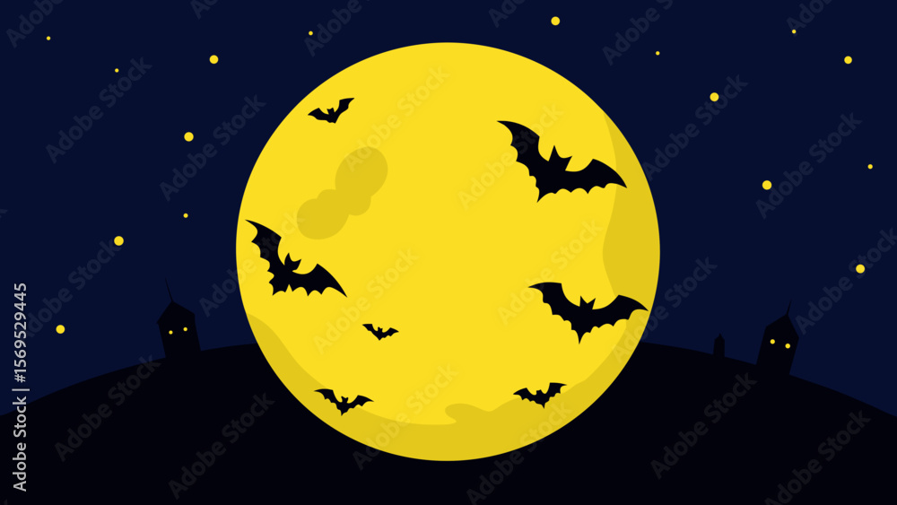 Naklejka premium Silhouettes of bats flying across a giant pockmarked moon on a spooky night