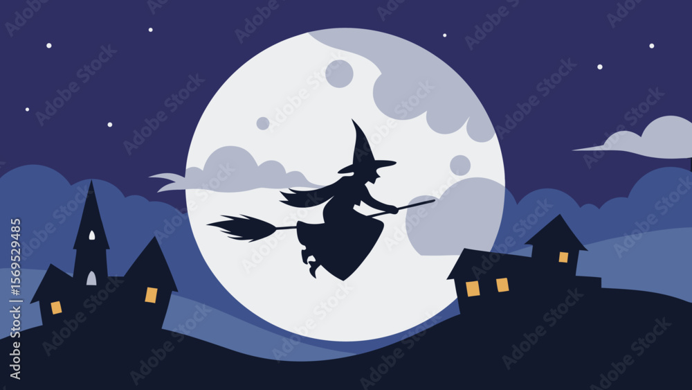 Fototapeta premium Witch on a broomstick silhouetted against a massive full moon and dark sky