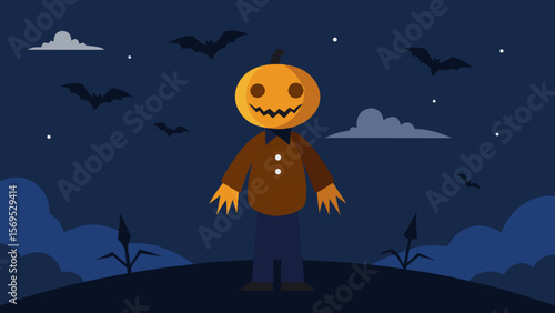 Scarecrow with a pumpkin head standing in a desolate field on a spooky night