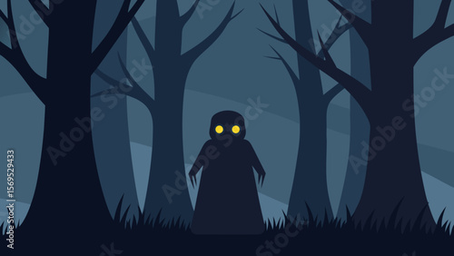 Shadowy figure with glowing eyes hiding behind a spooky ancient tree at night