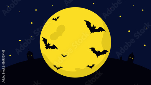 Silhouettes of bats flying across a giant pockmarked moon on a spooky night