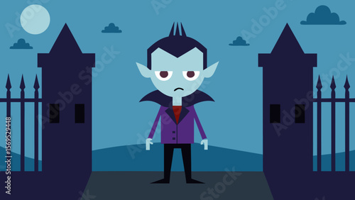 Friendly vampire standing at the gates of his castle on a spooky night