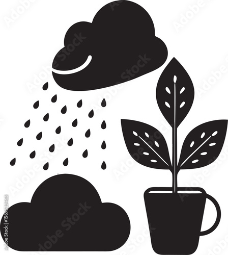 Black cloud raining on potted plant drops vector