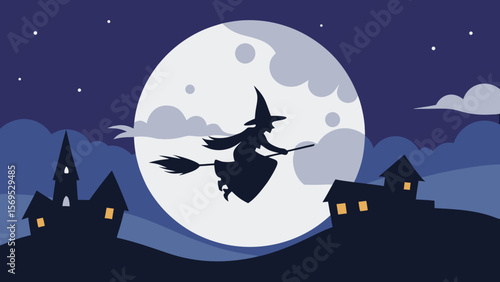 Witch on a broomstick silhouetted against a massive full moon and dark sky