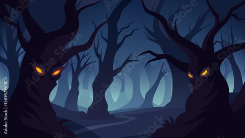 Dark gnarled forest with twisted trees that look like spooky ancient figures
