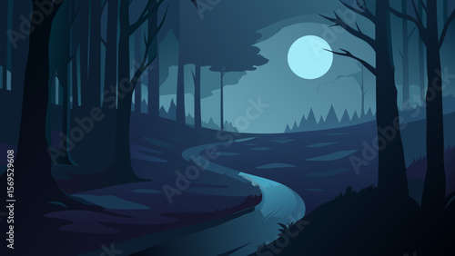 Winding path through a foggy forest at night with mysterious glowing lights