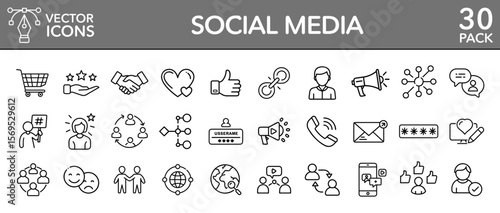 Social media network communication online digital marketing vector line icons
