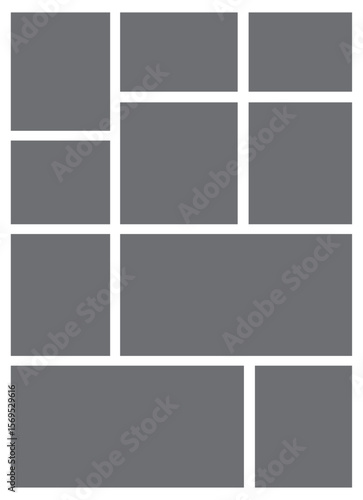 10 Image Photo Collage, 5 Empty geometric photo collage grid rectangle template shape. Modern tiles pattern mosaic for portfolio presentation. Background and photo album for wall mood board.	