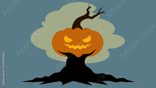 Jack o lantern with smoke billowing from its mouth in a dark spooky night