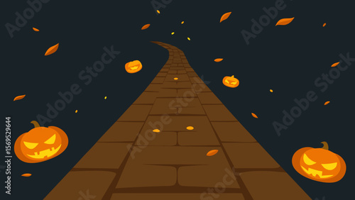 Path made of ancient cobblestones lined with glowing spooky jack o lanterns