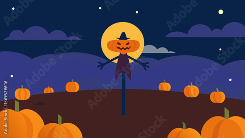 Field of pumpkins under a starry night sky with a mysterious full moon