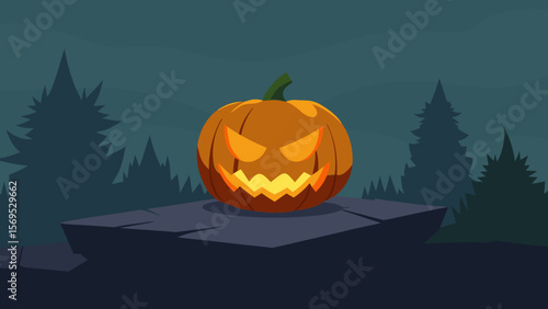 Single menacing jack o lantern sitting on a stone wall in a dark spooky night