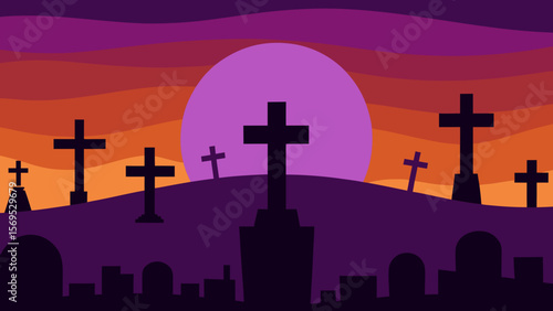 Panoramic view of a sprawling cemetery at dusk with silhouetted tombstones