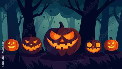Patch of grinning jack o lanterns in a dark forest under a mysterious moon