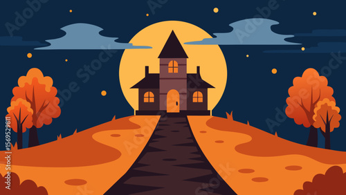 Haunted house at the end of a cobblestone path under a mysterious moonlit sky