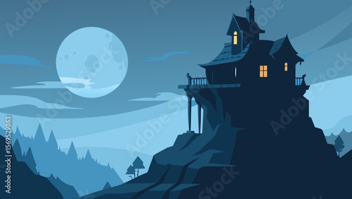 Spooky Victorian house on a cliff overlooking a dark stormy sea at night