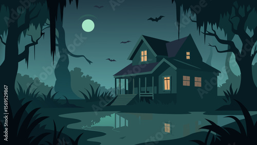 Old abandoned house in a spooky swamp with moonlight filtering through the trees