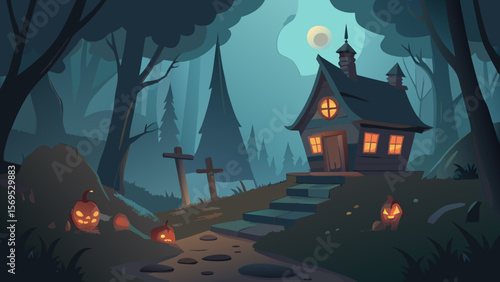 Charming but spooky cottage in a dark forest with a mysterious glowing window