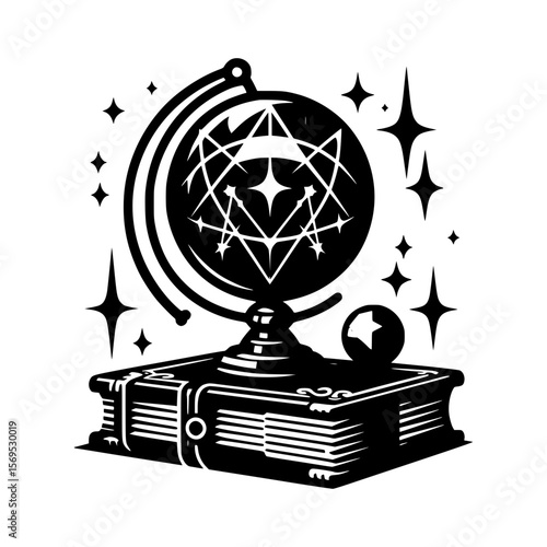 Mystical globe on ancient book with stars