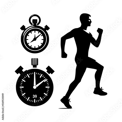 Running man silhouette with stopwatches timekeeping