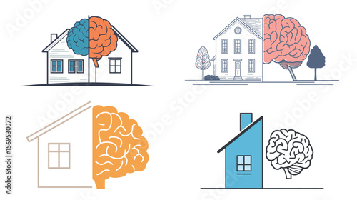 Creative vector outline of half a house and half a brain combined, symbolizing the connection between home life and mental well-being, balance, psychology, and intelligent living