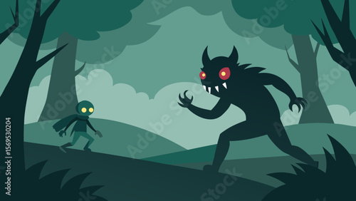 Intense Chase Scene with a Spooky Creature Pursuing Frightened People