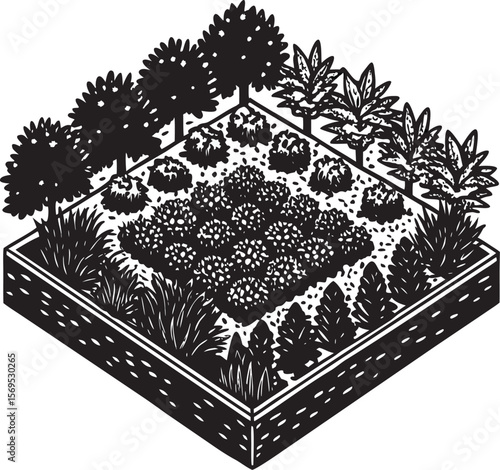 Isometric garden plot planting cultivation black and white