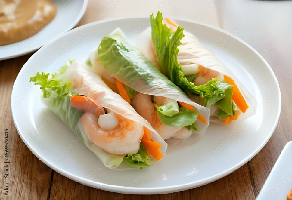 Vietnamese-style fresh spring rolls with shrimp, lettuce, carrot, and rice paper wrap. Served with peanut dipping sauce on white plate, captured with natural light. Vietnamese-style fresh spring rolls with shrimp, lettuce, carrot, and rice paper wrap. Served with peanut dipping sauce on white plate, captured with natural light.