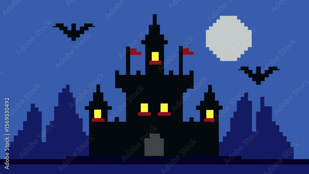 Obraz premium An 8 bit Pixel Art Scene of a Vampire Castle Complete with Bats and a Full Moon
