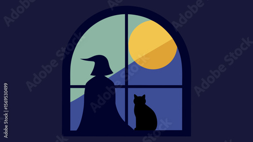 A Stained Glass Window Depicting a Witch and Her Familiar Black Cat at Night