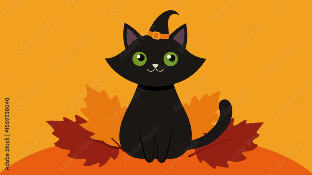 Obraz premium A Happy Black Cat Wearing a Tiny Witch Hat Sits Atop a Large Orange Pumpkin